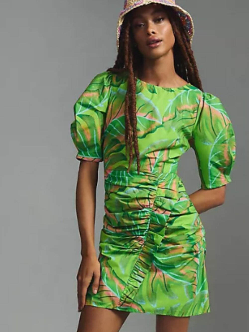 Farm RioxAnthropologie Green Tropical Leaf Puff-Sleeve Ruched Mini Dress Size L